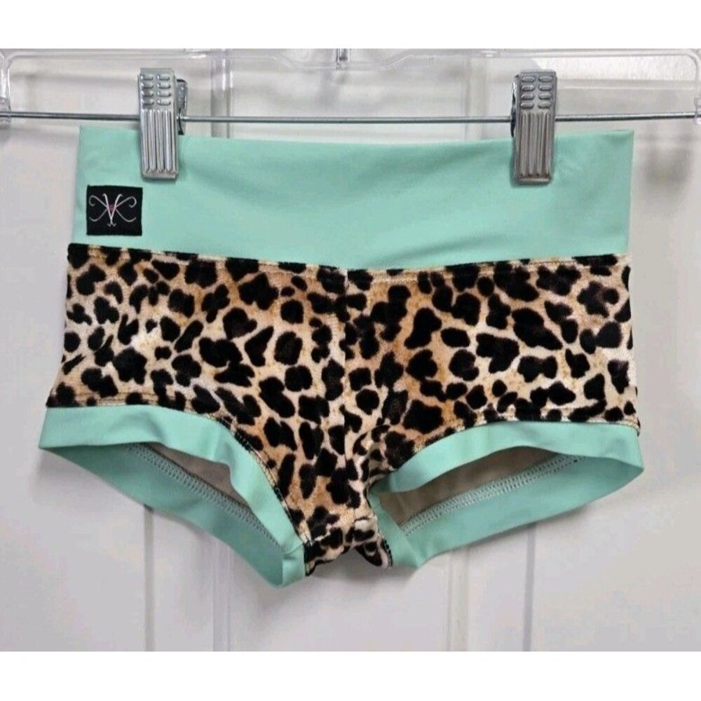 Kandi Kouture Girls Dance Shorts CL Child Large Mint Green Velvet Leopard Print